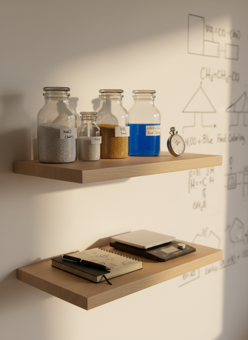 A minimalist home science corner with a sturdy light-wood shelf holding labeled glass jars of harmless common materials like salt, sand, and colored water. On the lower shelf rests a small, well-used black notebook with a pen tucked into its spiral, next to a digital scale and a simple stopwatch. The background shows a neutral-colored wall with a clean, modern aesthetic and a softly blurred whiteboard covered in faint marker equations and diagrams. Warm afternoon light filters in from an unseen window, creating gentle gradients of brightness and soft shadows. Photographic realism, shot from an eye-level perspective with moderate depth of field, creates an organized, professional yet personal atmosphere that suggests ongoing projects, trials, and errors in a private learning lab.