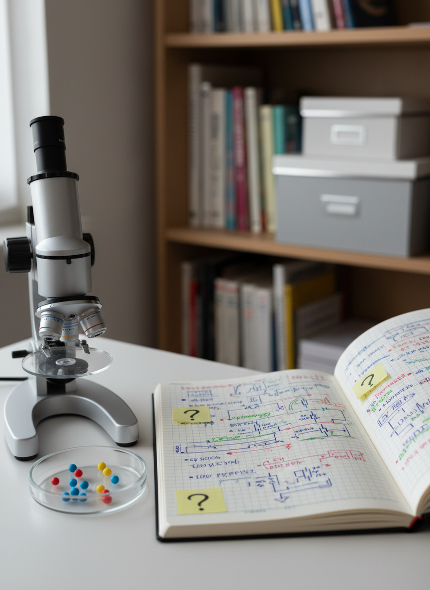 An orderly desktop setup featuring an open spiral-bound notebook filled with multicolored science annotations, simple circuit diagrams, and small sticky notes labeled with question marks. A compact digital microscope sits to one side, its metallic surface catching the light, while a transparent petri dish with harmless colored beads represents experimental samples. The background shows a blurred shelf of neatly aligned science books and storage boxes. Illuminated by diffused overcast window light from the left, the scene has soft shadows and no harsh contrasts. Captured in photographic realism from a slightly elevated angle using the rule of thirds, the composition feels thoughtful and methodical, evoking the mood of a late-blooming but enthusiastic learner organizing ideas and experiments in a personal study laboratory.