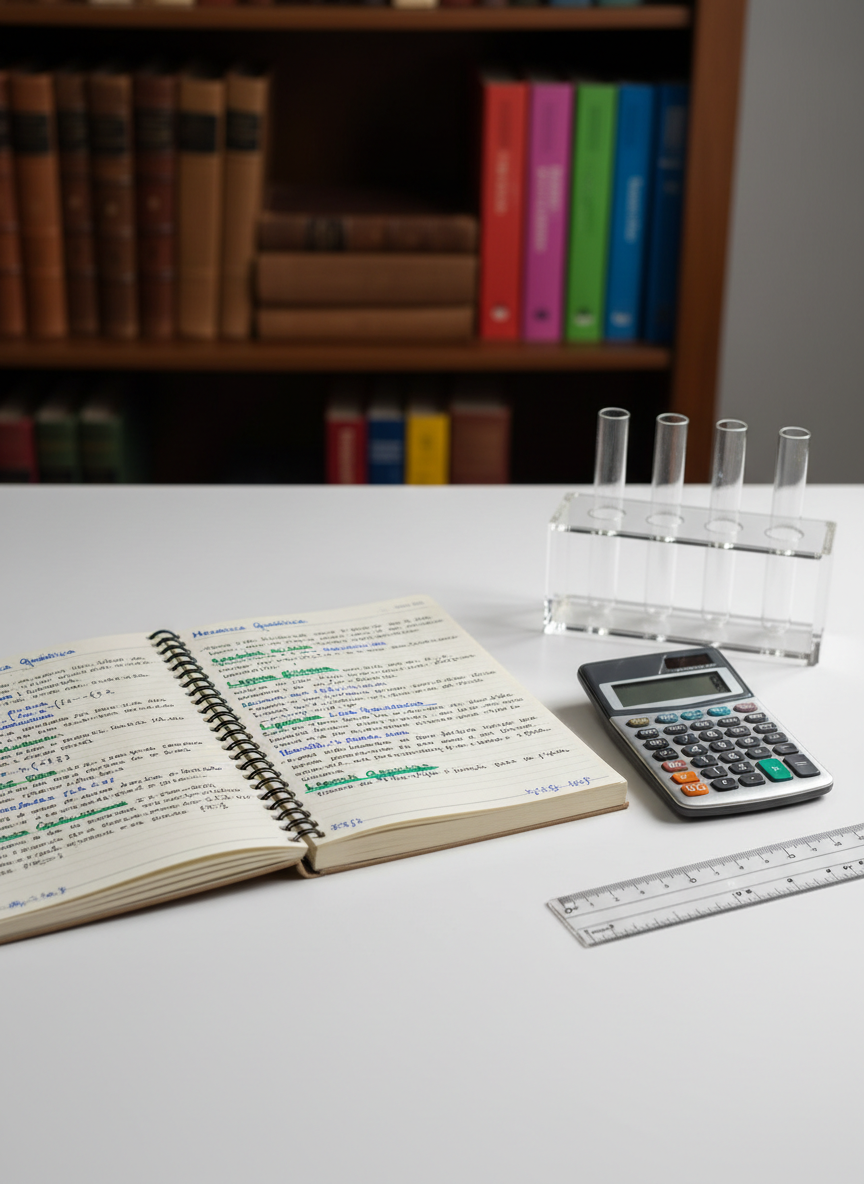 A close-up of a clean laboratory-style bench with a single open notebook spread flat, its pages filled with legible Portuguese notes on physics and chemistry, underlined in blue and green ink. Beside it rests a scientific calculator, a transparent plastic ruler, and a small arrangement of empty glass test tubes in a clear acrylic rack. In the blurred background sits a modest bookshelf with a mix of worn and new science textbooks. Soft studio lighting from above and slightly to the right casts gentle shadows and crisp, professional highlights on the glass surfaces. Shot in photographic realism with a shallow depth of field and centered composition, the mood is disciplined yet inviting, capturing the quiet dedication of a self-directed science learner.