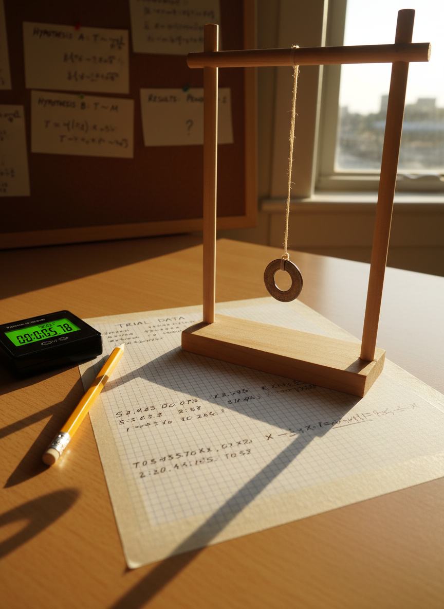 An improvised experimental setup on a tidy desk: a simple pendulum made from a metal washer and thin string hanging from a wooden stand, with a sheet of graph paper taped beneath marked with careful timing notes. Nearby, a small digital timer and a mechanical pencil lie ready for the next trial. The background reveals a blurred corkboard with pinned index cards labeled with hypotheses and results. Illuminated by warm, late-afternoon sunlight streaming from the right, the pendulum casts a delicate shadow across the paper. Photographic realism, captured from a low, side angle to accentuate depth, creates a reflective, exploratory atmosphere that celebrates experimentation, mistakes, and gradual learning in a personal science lab.