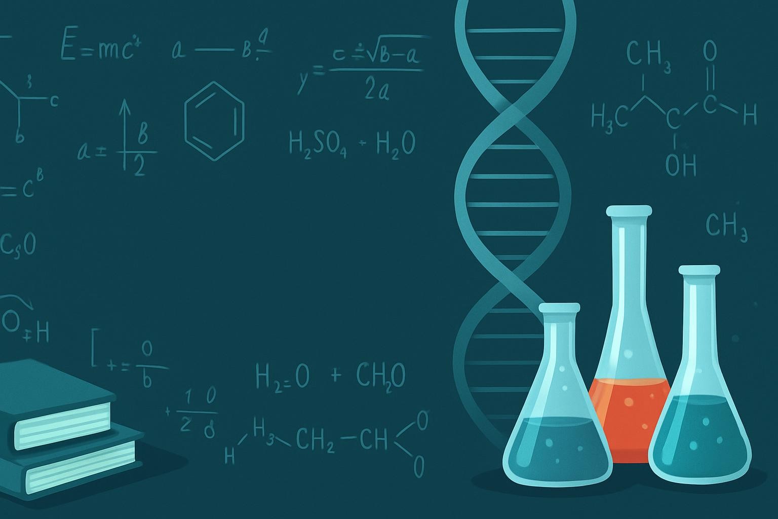 Banner horizontal para topo de site, estilo científico e profundo, fundo azul-petróleo, composição com livros, fórmulas matemáticas e químicas, equipamentos de laboratório como tubos de ensaio, erlenmeyers com líquidos coloridos pela metade, hélice de DNA em destaque, visual limpo e moderno. Incluir espaço central para tipografia clara.
